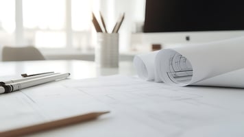 Professional architectural blueprints on an office desk, illustrating a future-proof foundation for hotel B2B distribution and sustainable revenue growth; representing the foundational framework of the ACE Distribution Method™.