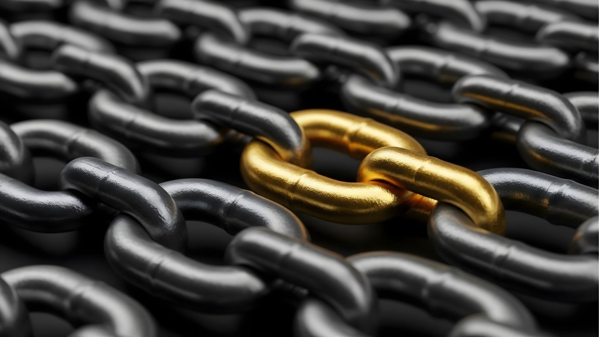 A sophisticated close-up of a single gold link within a black chain, symbolizing how the ACE Distribution Method™ bridges the gap between passive distribution and active sales performance.
