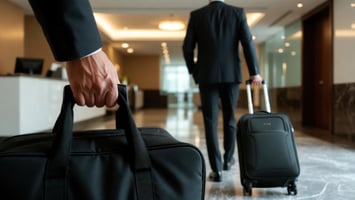 A close-up of a corporate traveler’s hand holding a briefcase with another business traveler walking through a modern hotel lobby, illustrating how the ACE Distribution Method™ captures managed travel demand and closes the penetration gap.