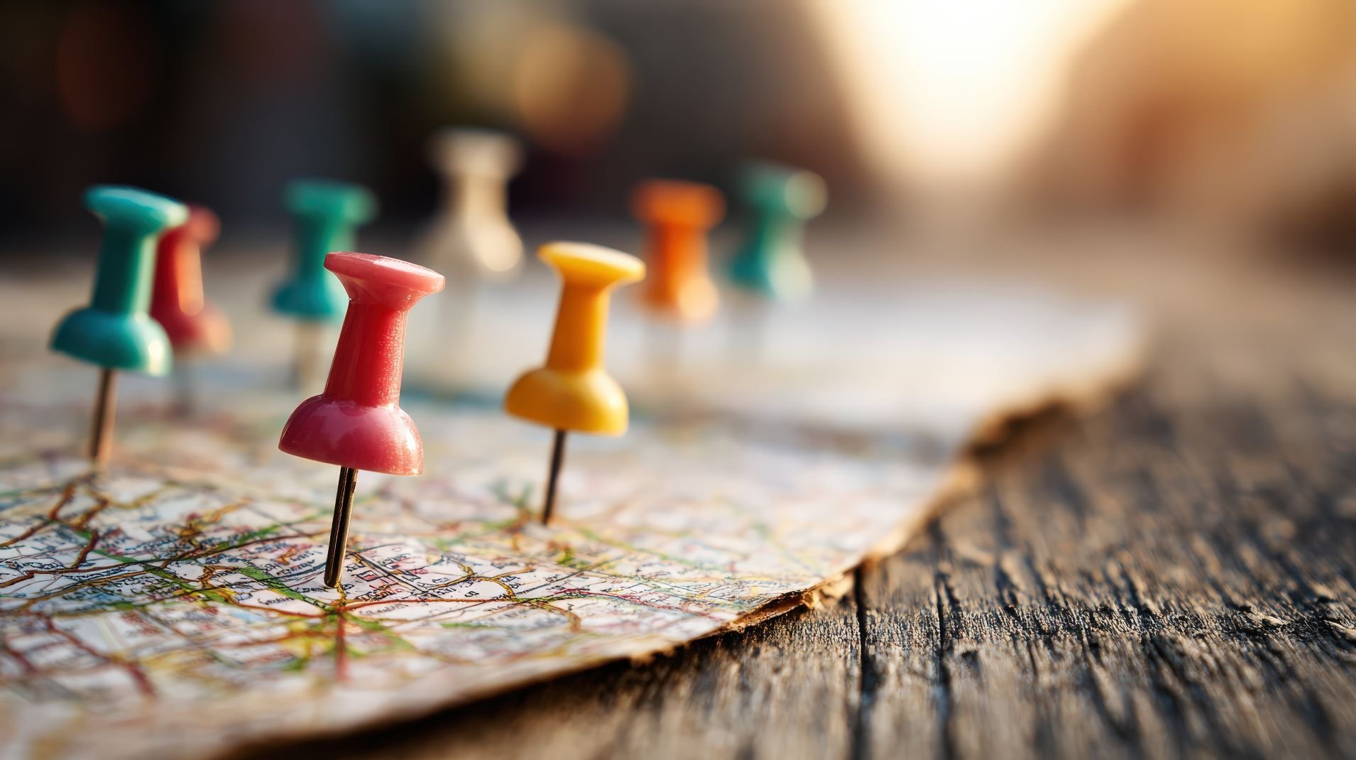 A close-up of a map on a wooden table with several colorful pushpins marking specific locations, symbolizing the process of filtering market noise to identify actionable corporate targets with the ACE Distribution Method™.