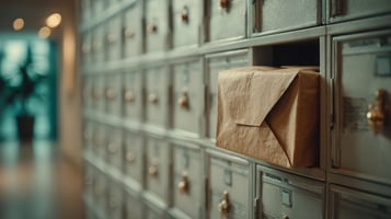 A close-up, shallow depth of field photograph of a large, warm-toned grid of office mailboxes or corporate lockers. While the surrounding rows of slots remain uniform and closed, a single box features a brown paper-wrapped package sticking out, visually illustrating the concepts of TMC visibility, breaking through digital noise, and being prioritized over standard listings.