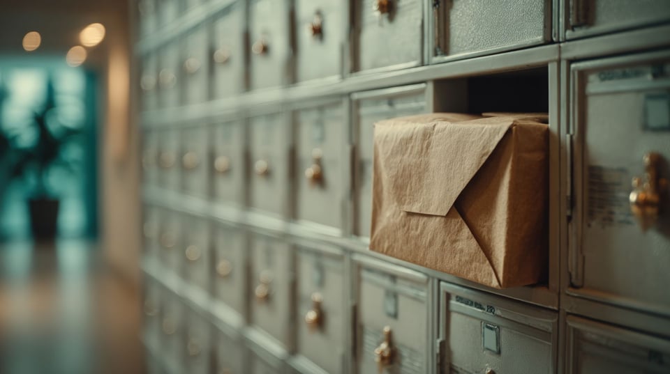 A close-up, shallow depth of field photograph of a large, warm-toned grid of office mailboxes or corporate lockers. While the surrounding rows of slots remain uniform and closed, a single box features a brown paper-wrapped package sticking out, visually illustrating the concepts of TMC visibility, breaking through digital noise, and being prioritized over standard listings.