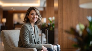 A professional female corporate travel manager sitting in a modern boutique hotel lobby with luggage.